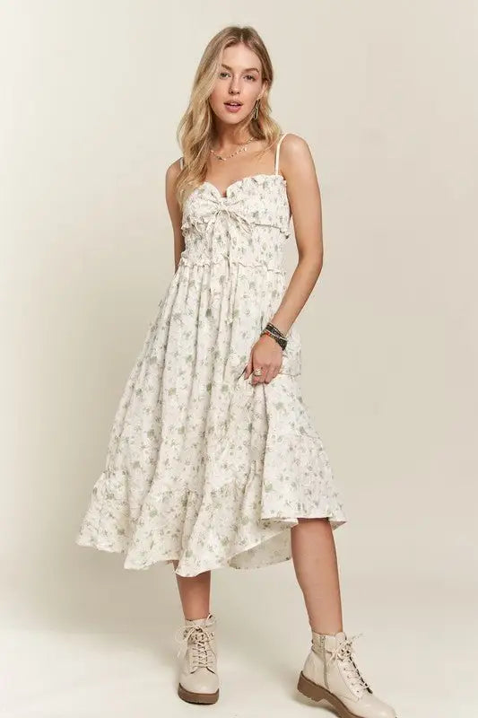 Green Floral Sweetheart Neck Cami Dress - Midi Dresses