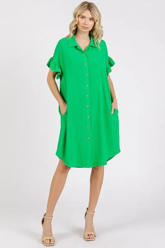 Green Flounce Sleeve Dress - Short Sleeve Dresses
