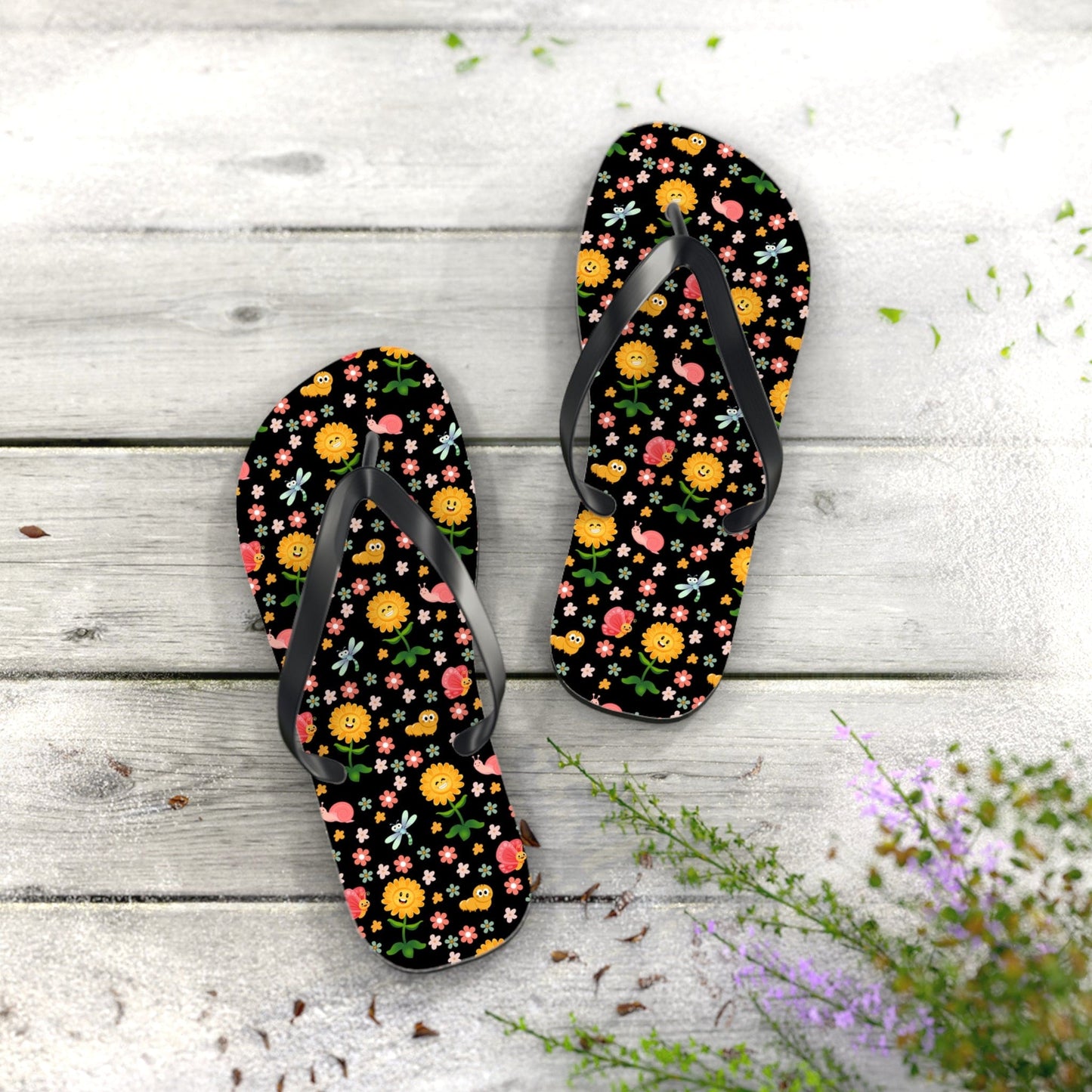 Happy Bugs and Flowers Flip Flops