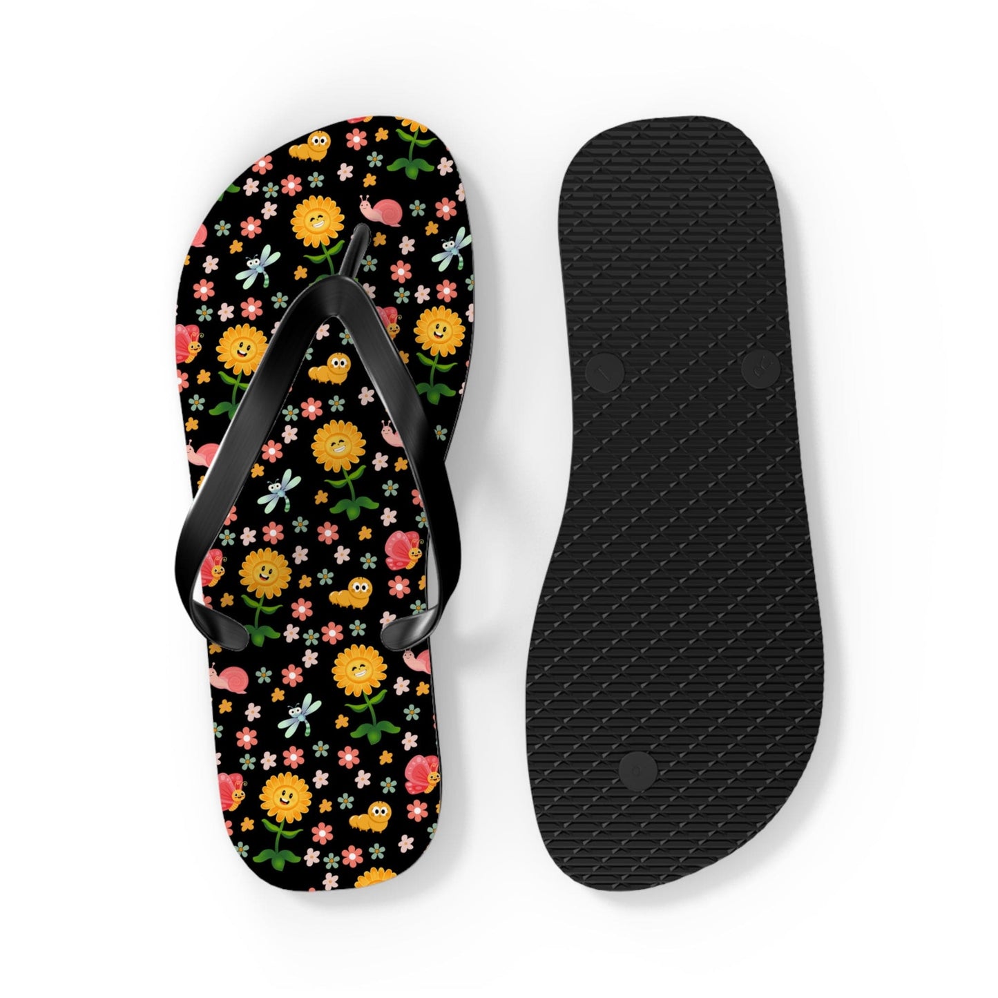 Happy Bugs and Flowers Flip Flops