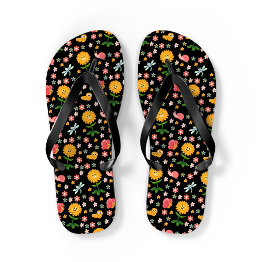 Happy Bugs and Flowers Flip Flops