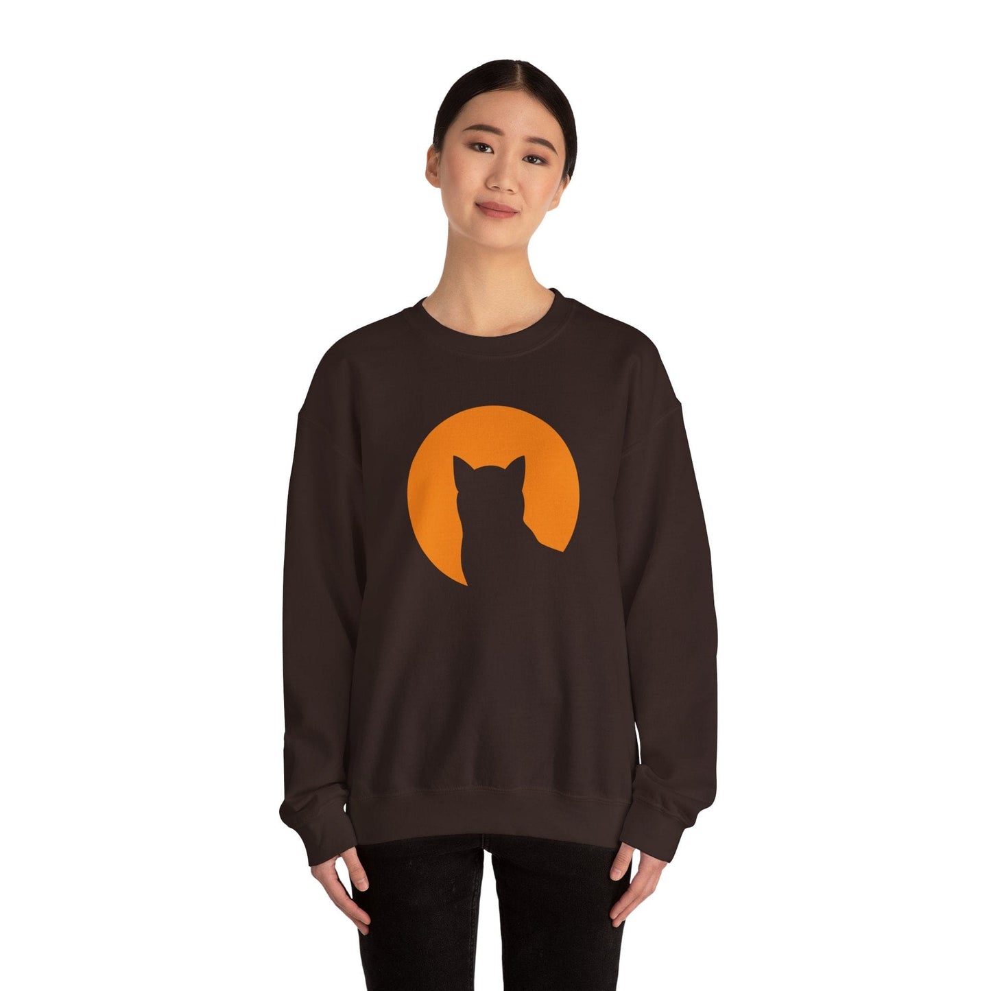 Cat Sweatshirt - Silhouette in Front of Harvest Moon Crewneck Pullover