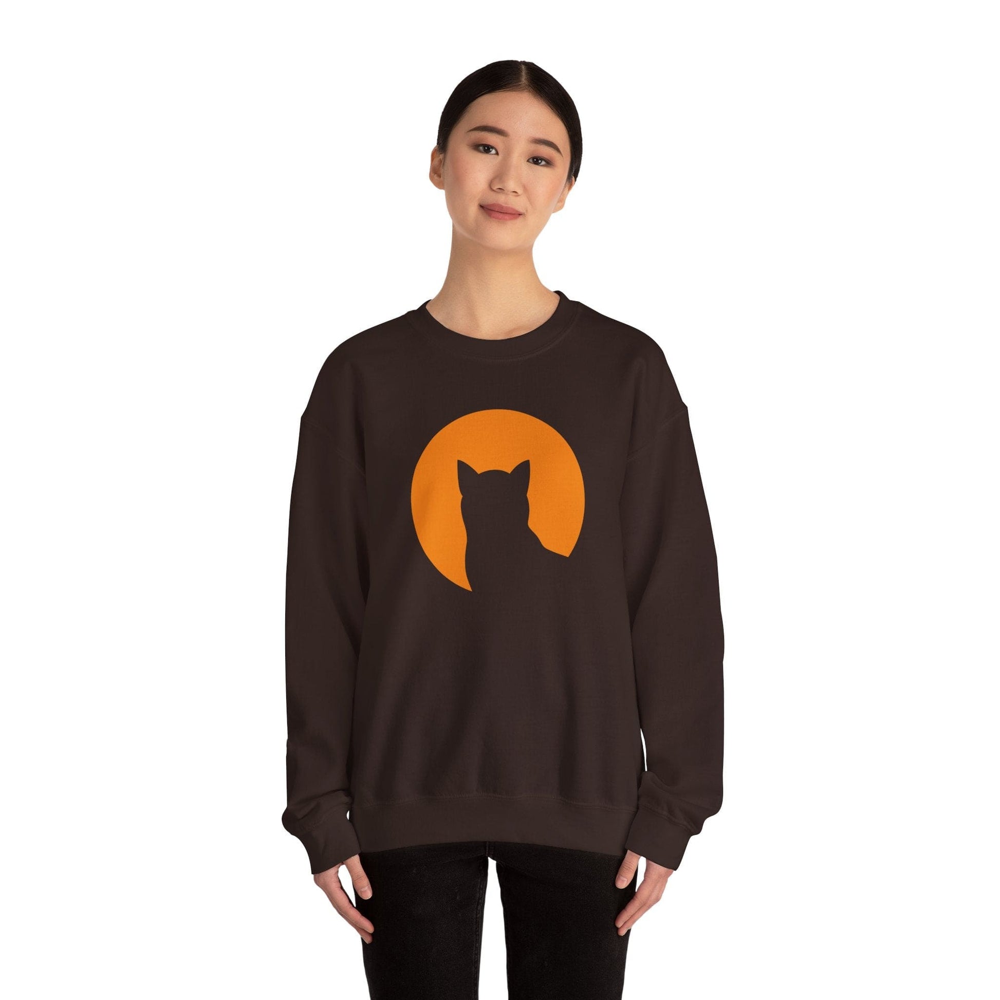 Cat Sweatshirt - Silhouette in Front of Harvest Moon Crewneck Pullover