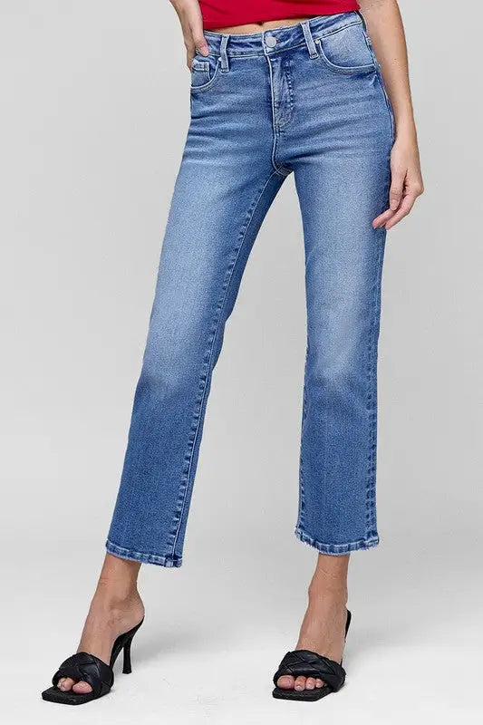 RISEN Full Size Tummy Control High Rise Crop Straight Jeans Plus Size - Eclectage