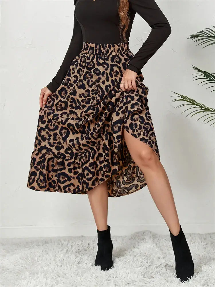 High Waist Leopard Midi Skirt