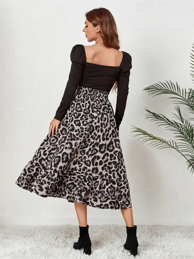 High Waist Leopard Midi Skirt