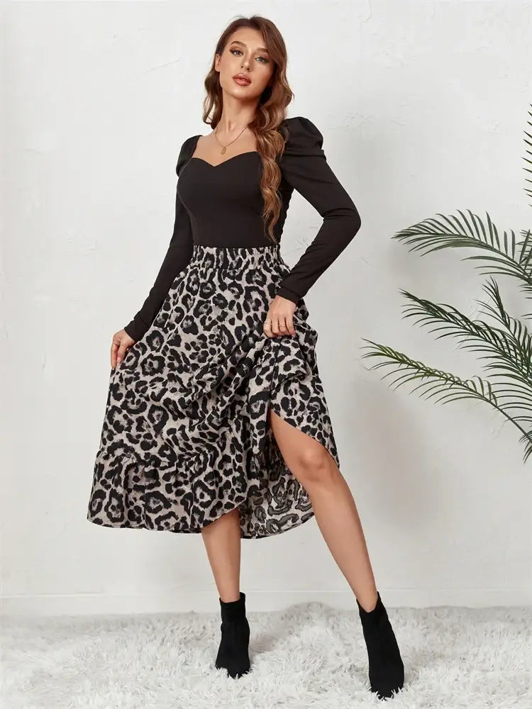 High Waist Leopard Midi Skirt