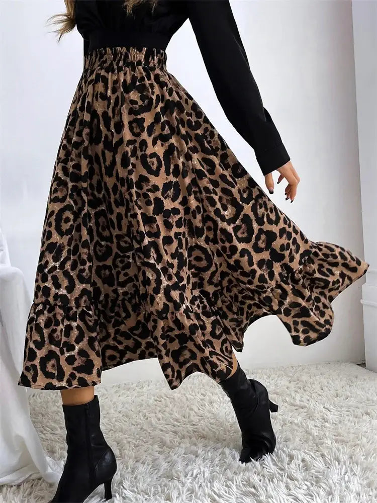 High Waist Leopard Midi Skirt