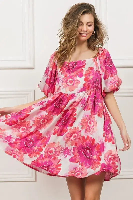 Hot Pink Floral Puff Sleeve Mini Dress - Mini Dresses
