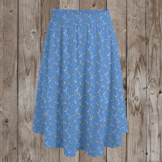 Hummingbirds Blue Midi Skirt with Pockets