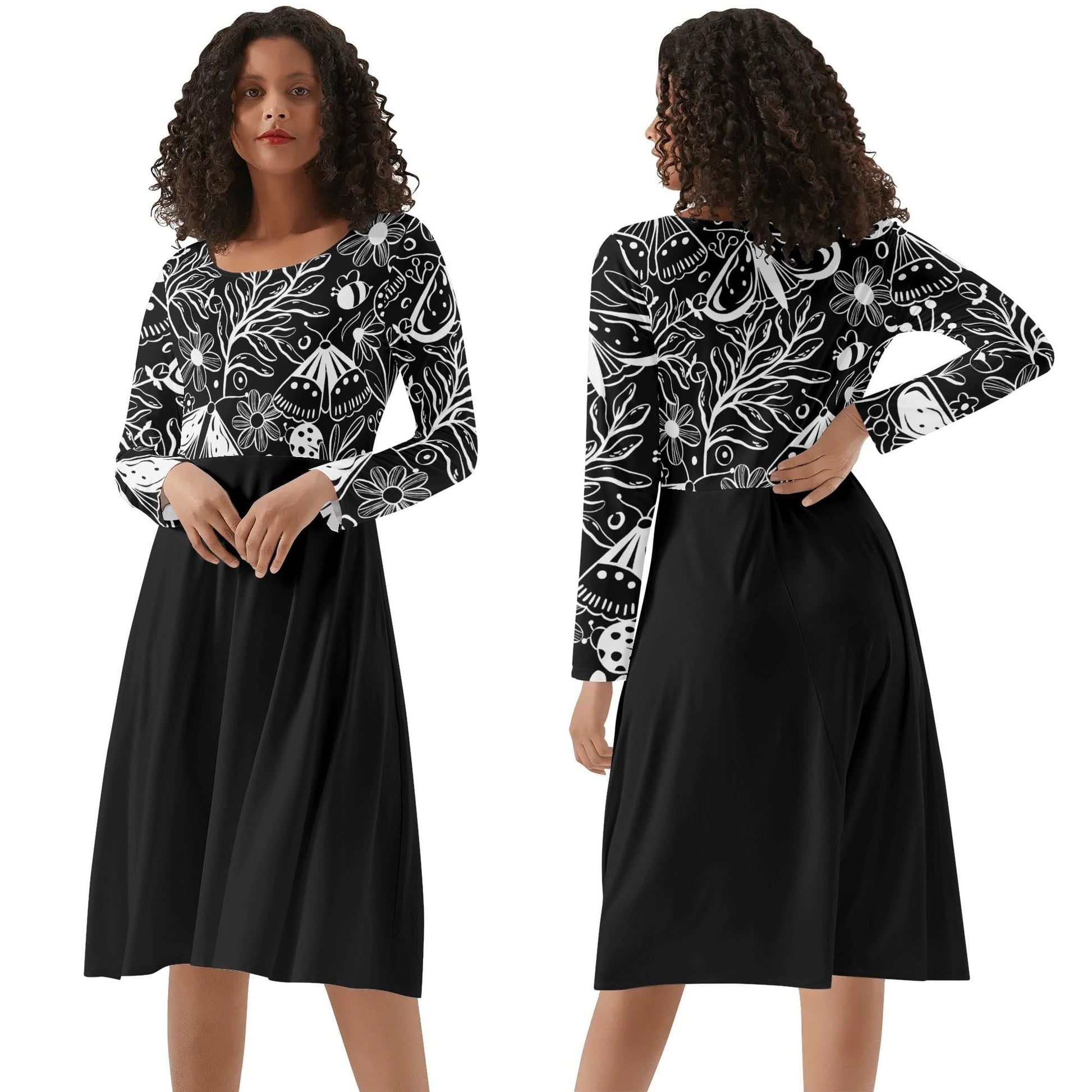 Womens Round Neck Long Sleeve Ruffle Dress