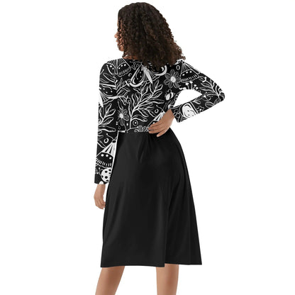 Womens Round Neck Long Sleeve Ruffle Dress