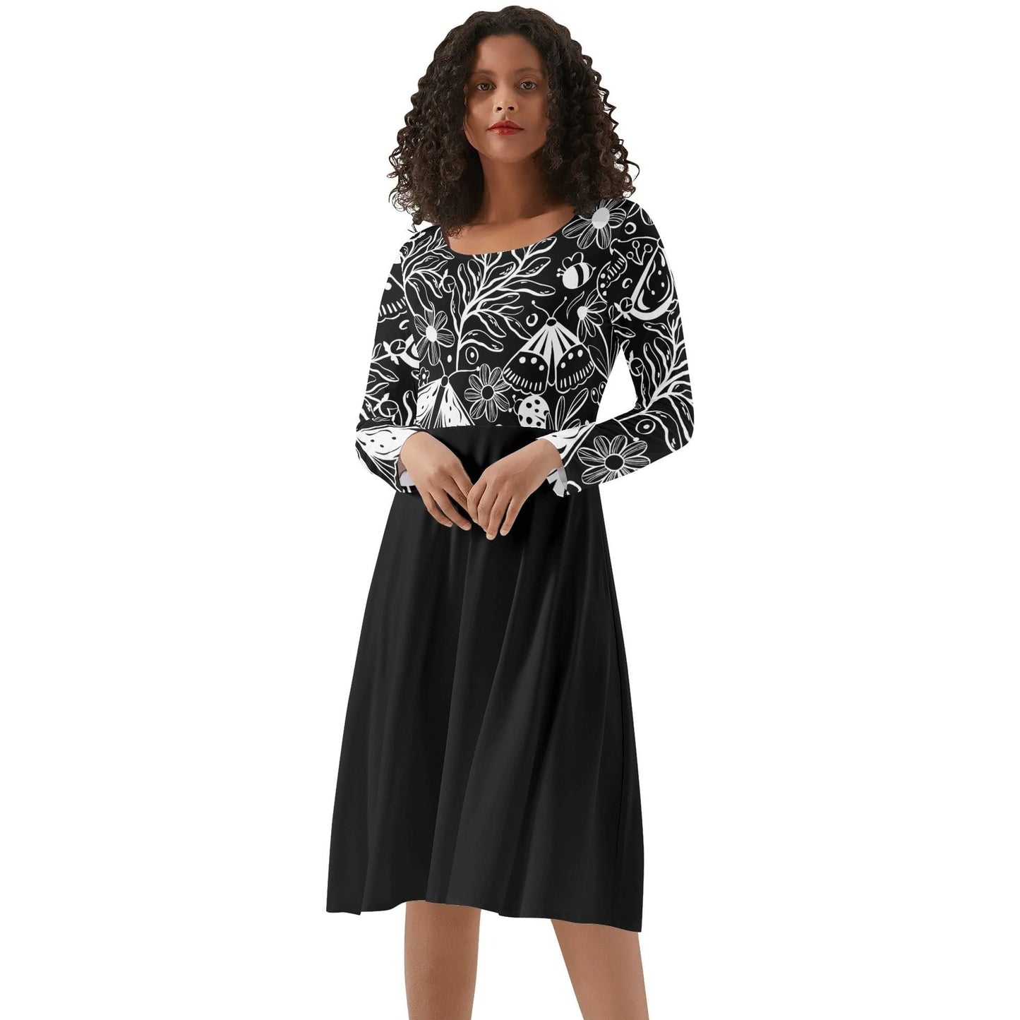 Womens Round Neck Long Sleeve Ruffle Dress