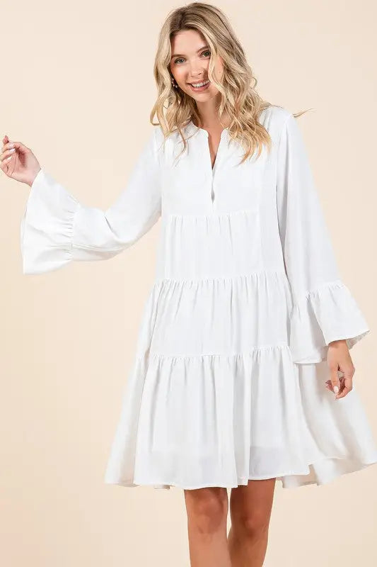 Mittoshop Tiered Notched Flare Sleeve Dress - Eclectage
