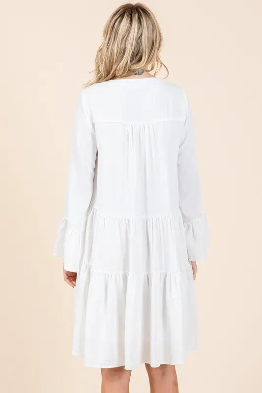 Mittoshop Tiered Notched Flare Sleeve Dress - Eclectage