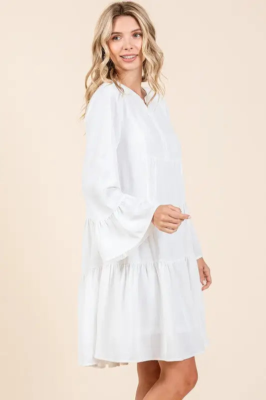 Mittoshop Tiered Notched Flare Sleeve Dress - Eclectage