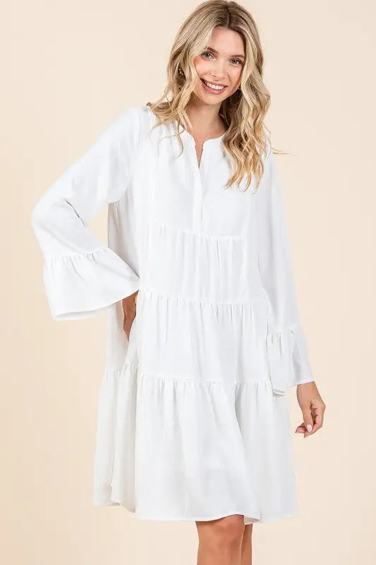 Mittoshop Tiered Notched Flare Sleeve Dress - Eclectage