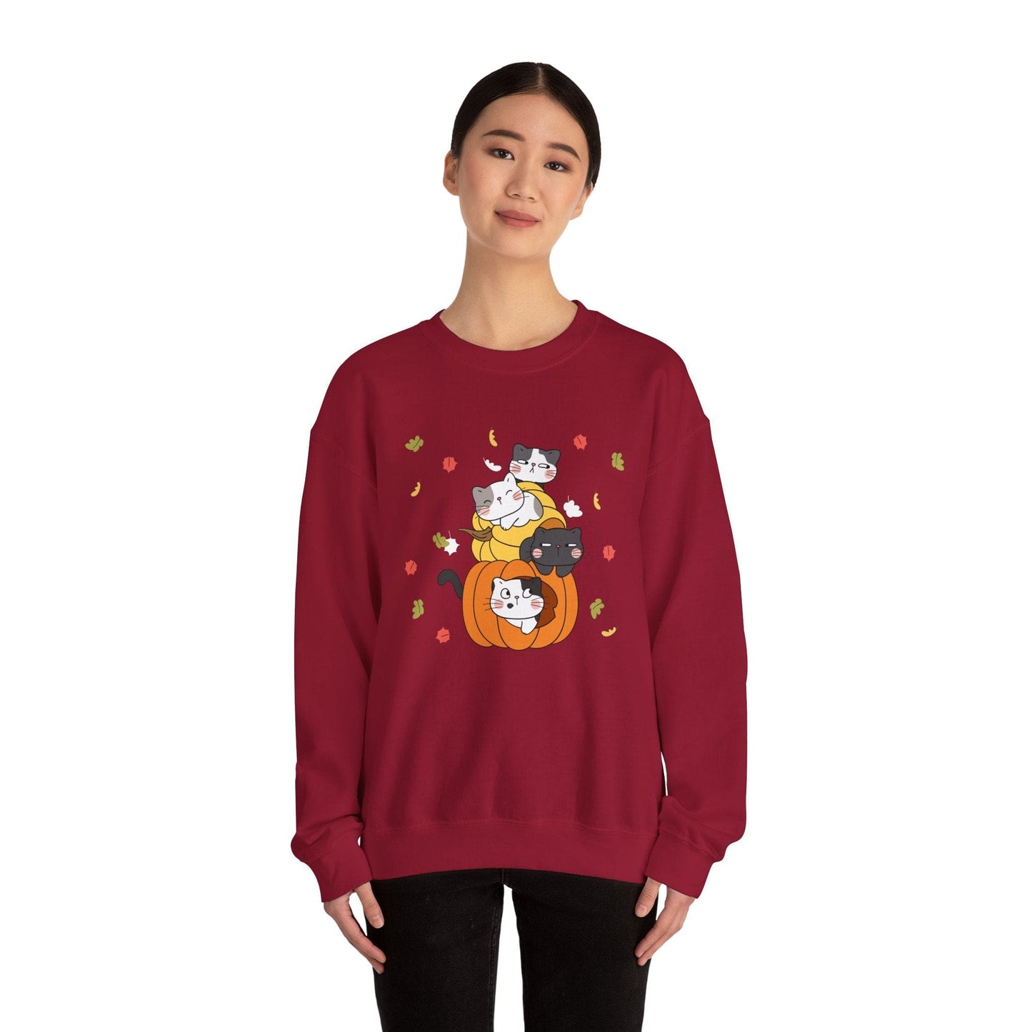 Kawaii Cats Pumpkin Sweatshirt Fall Leaves Gildan Crewneck Pullover for Autumn and Halloween Cute Cat Jumper Cozy