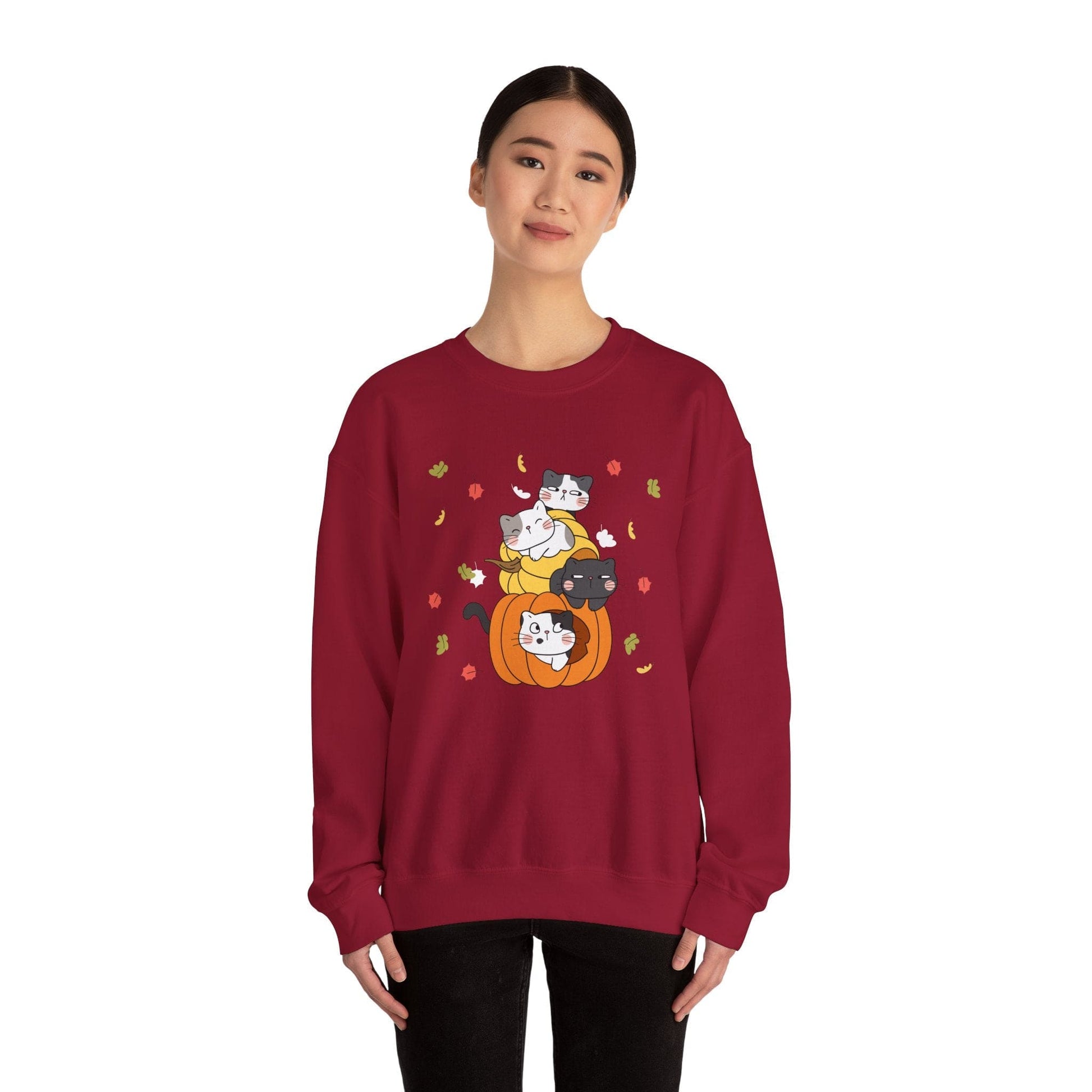 Kawaii Cats Pumpkin Sweatshirt Fall Leaves Gildan Crewneck Pullover for Autumn and Halloween Cute Cat Jumper Cozy