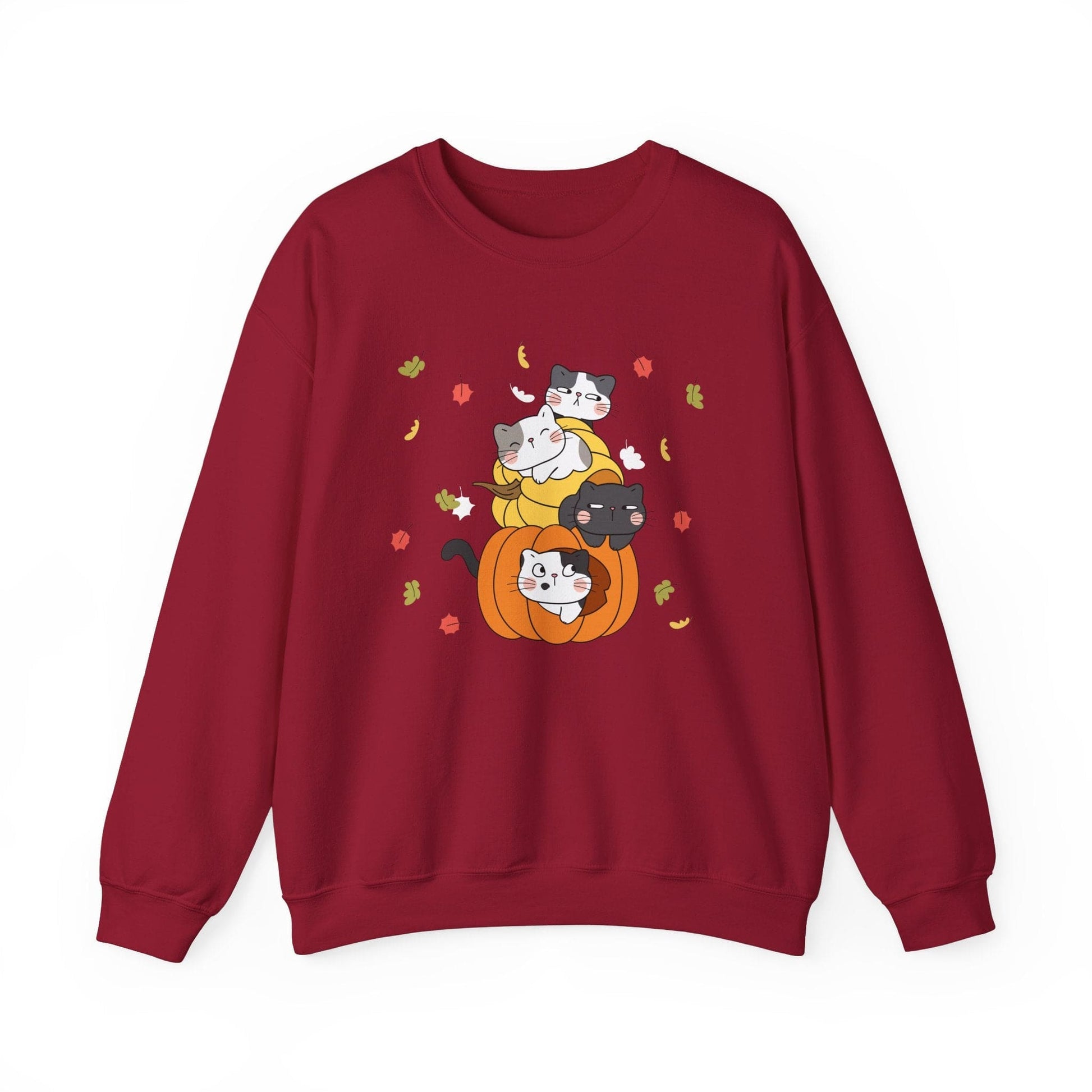 Kawaii Cats Pumpkin Sweatshirt Fall Leaves Gildan Crewneck Pullover for Autumn and Halloween Cute Cat Jumper Cozy