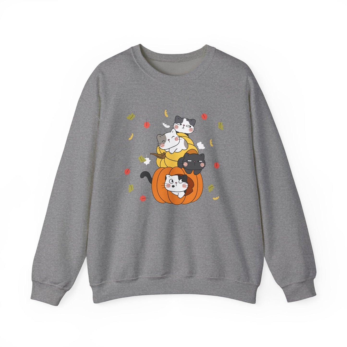 Kawaii Cats Pumpkin Sweatshirt Fall Leaves Gildan Crewneck Pullover for Autumn and Halloween Cute Cat Jumper Cozy