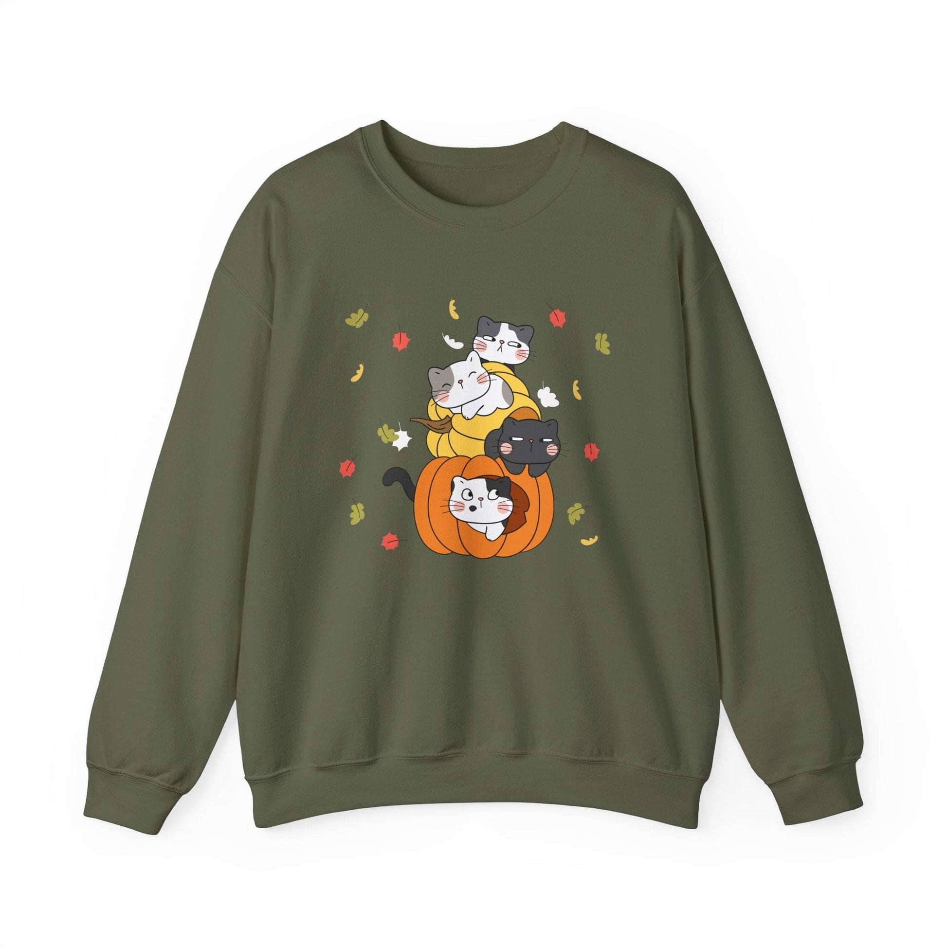 Kawaii Cats Pumpkin Sweatshirt Fall Leaves Gildan Crewneck Pullover for Autumn and Halloween Cute Cat Jumper Cozy