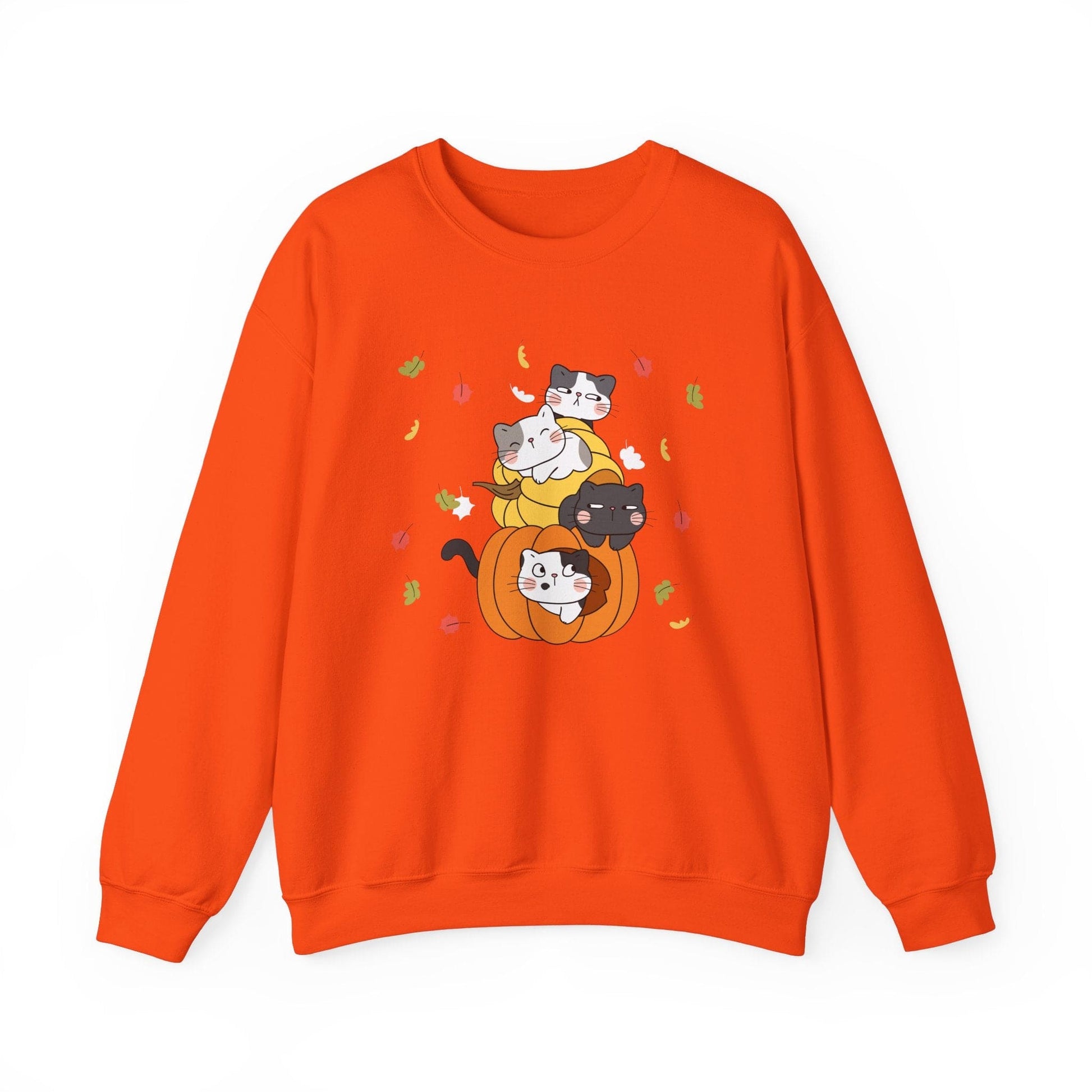 Kawaii Cats Pumpkin Sweatshirt Fall Leaves Gildan Crewneck Pullover for Autumn and Halloween Cute Cat Jumper Cozy