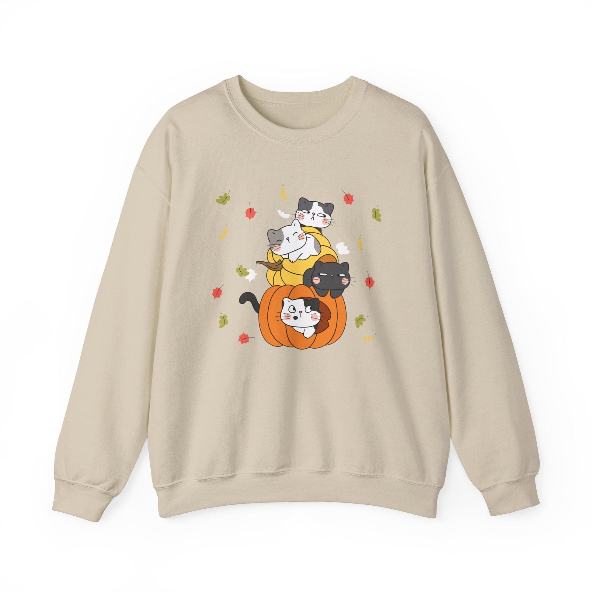 Kawaii Cats Pumpkin Sweatshirt Fall Leaves Gildan Crewneck Pullover for Autumn and Halloween Cute Cat Jumper Cozy