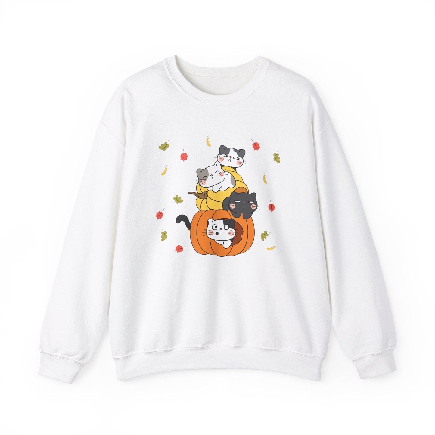 Kawaii Cats Pumpkin Sweatshirt Fall Leaves Gildan Crewneck Pullover for Autumn and Halloween Cute Cat Jumper Cozy