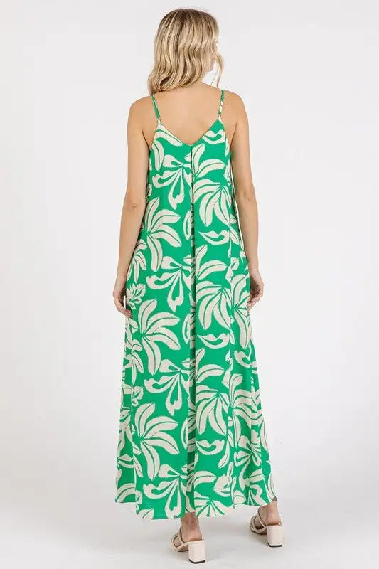 Kelly Green Printed V - Neck Maxi Cami Dress - Sleeveless Maxi Dresses