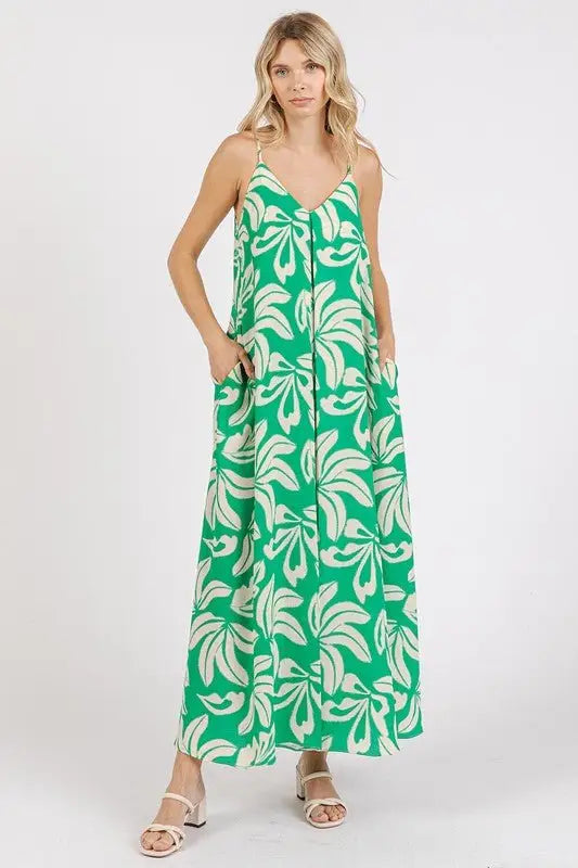 Kelly Green Printed V - Neck Maxi Cami Dress - Sleeveless Maxi Dresses
