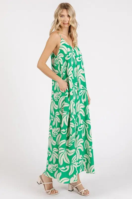 Kelly Green Printed V - Neck Maxi Cami Dress - Sleeveless Maxi Dresses