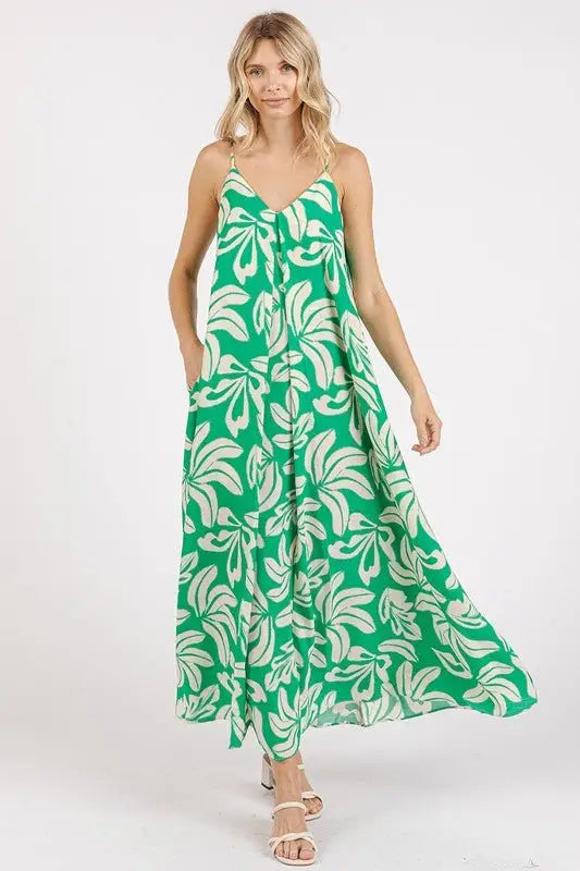 Kelly Green Printed V - Neck Maxi Cami Dress - Sleeveless Maxi Dresses