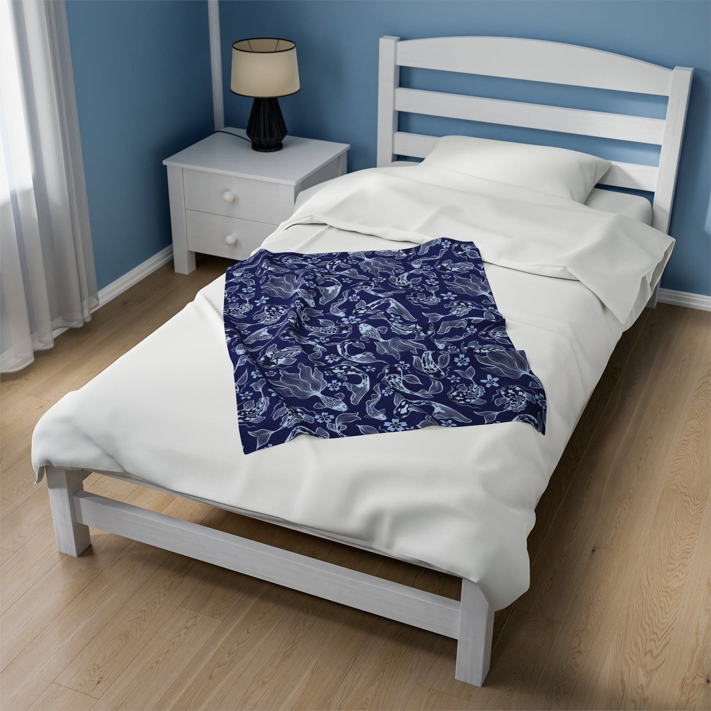 Koi Fish Velveteen Plush Blanket in 3 Sizes Blue and White