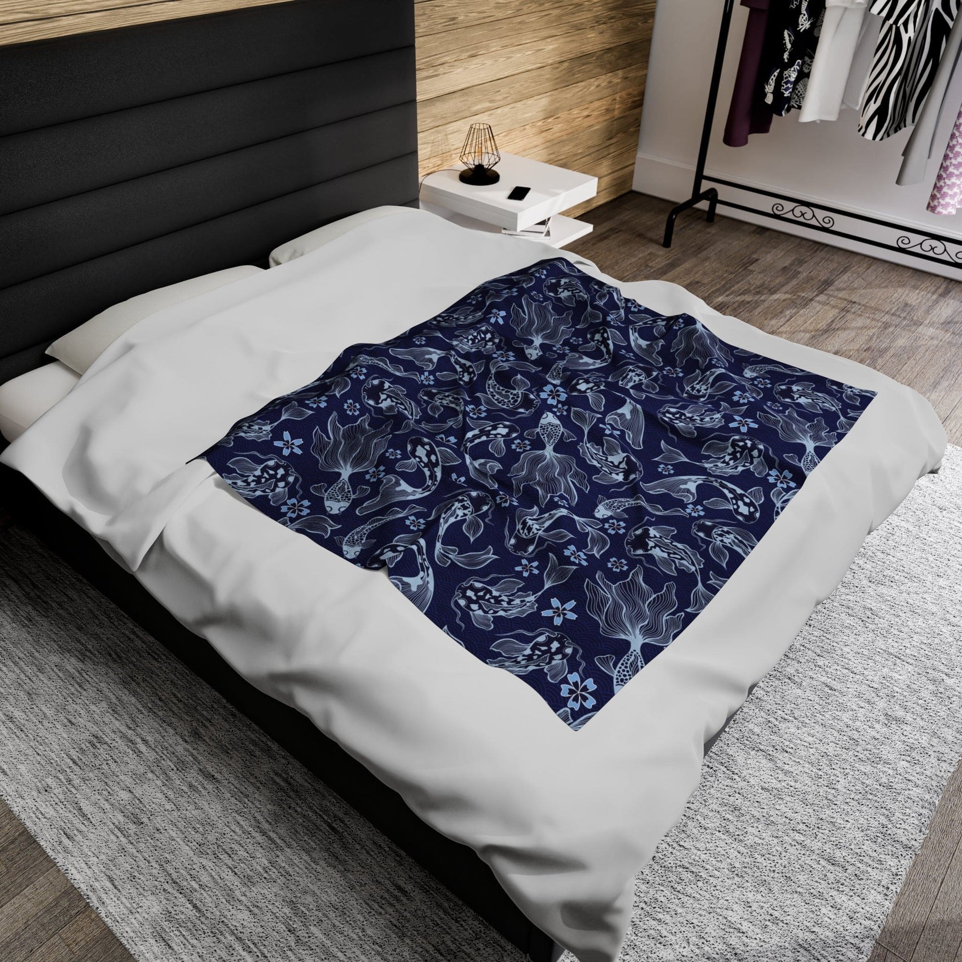 Koi Fish Velveteen Plush Blanket in 3 Sizes Blue and White