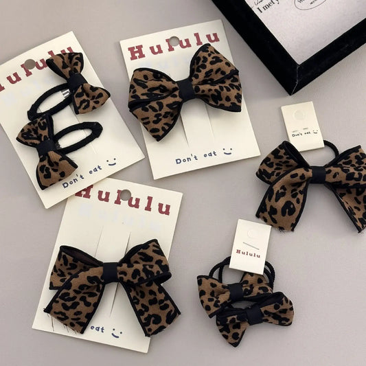 Korean hair accessories set leopard print for women girl bow pins and clip vintage trendy leading fashion scrunchies