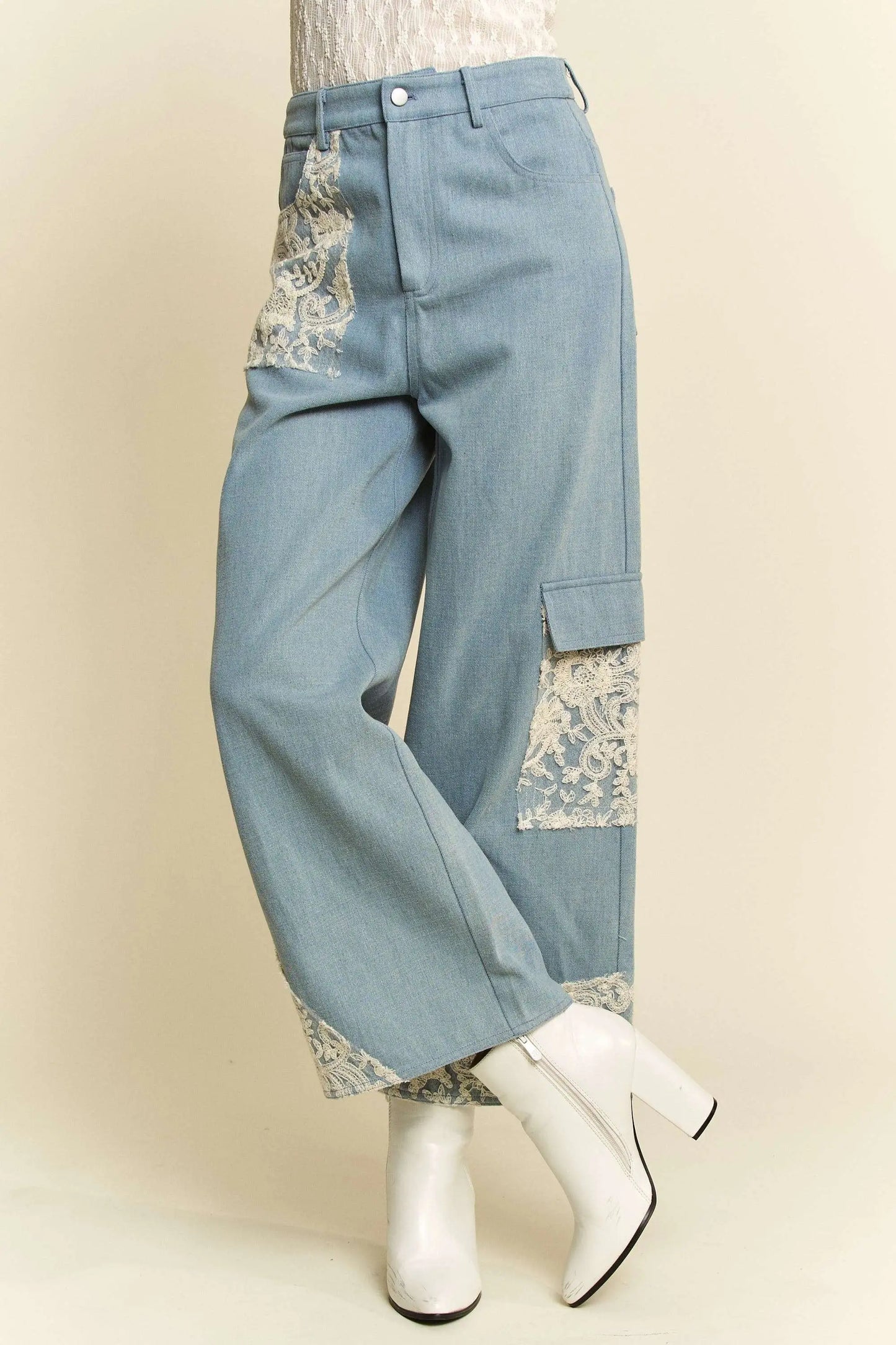 Lace Applique Wide Leg Jeans - Eclectage