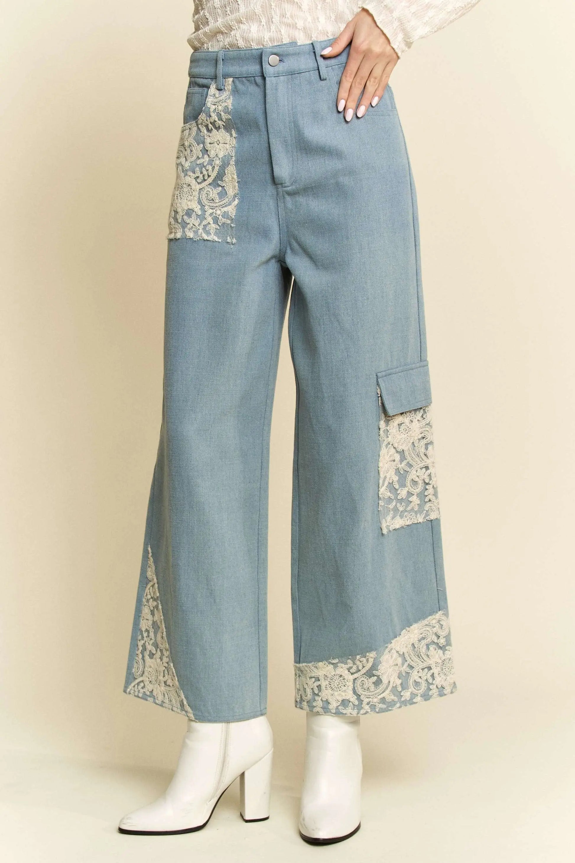 Lace Applique Wide Leg Jeans - Eclectage