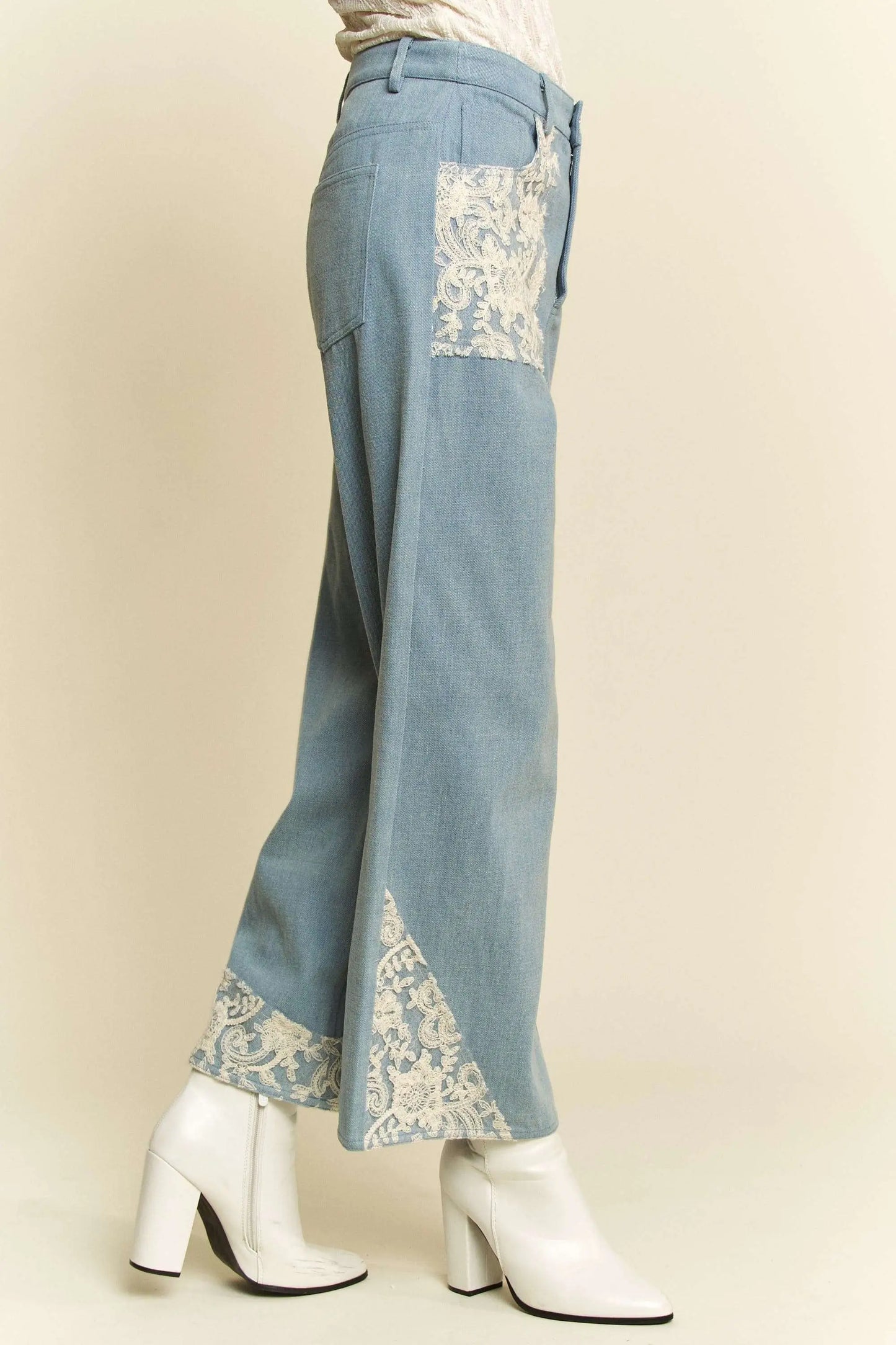 Lace Applique Wide Leg Jeans - Eclectage