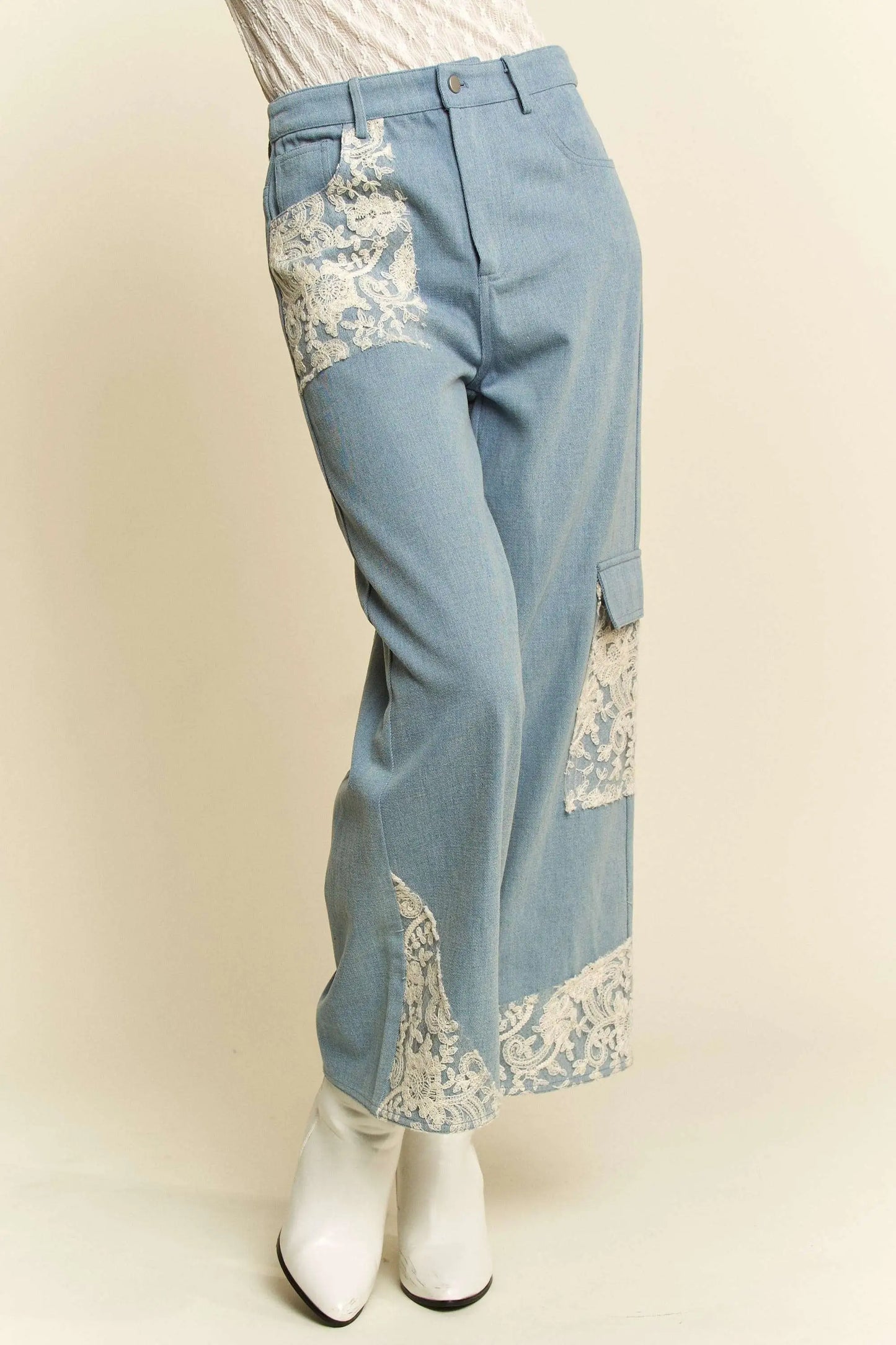 Lace Applique Wide Leg Jeans - Eclectage
