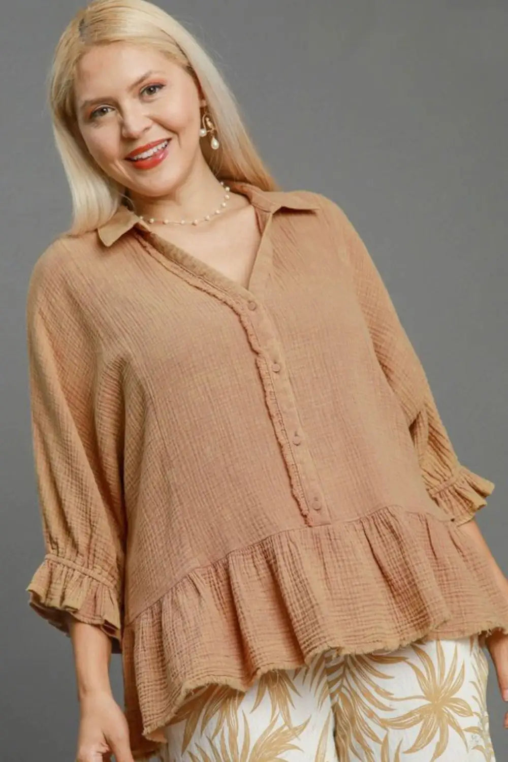 Latte Color Cotton Gauze Top - Tops