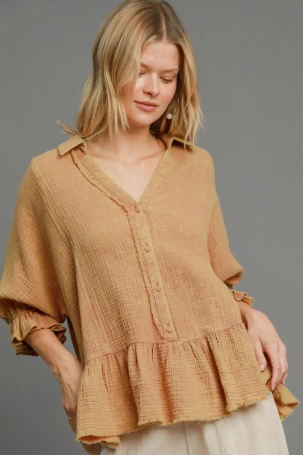 Latte Color Cotton Gauze Top - Tops