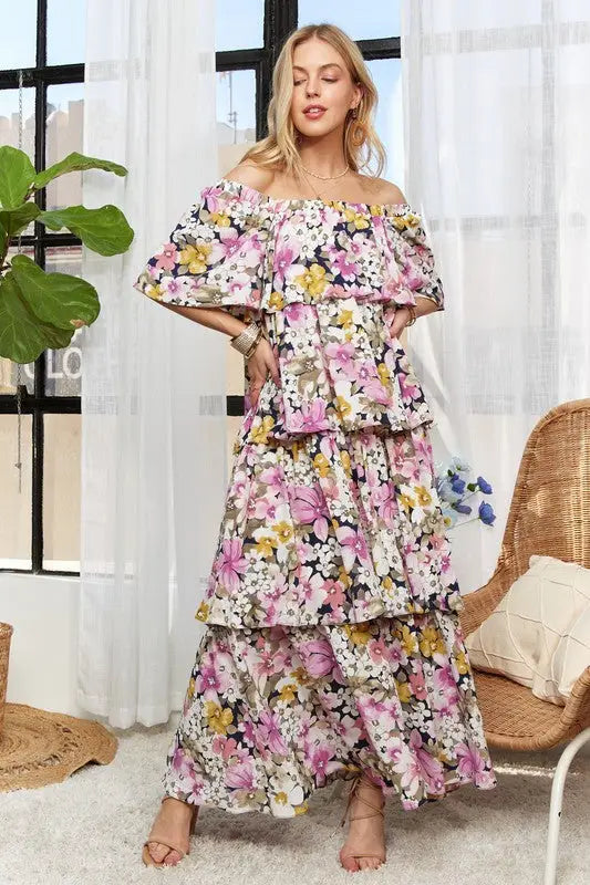 Layered Floral Off-Shoulder Maxi Dress - Eclectage