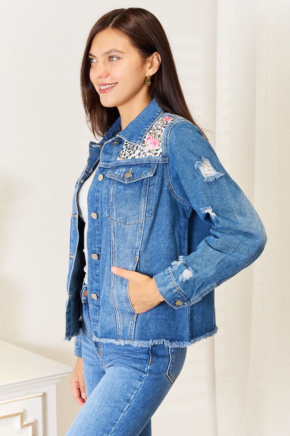 Leopard and Floral Distressed Raw Hem Denim Jacket - S to XL