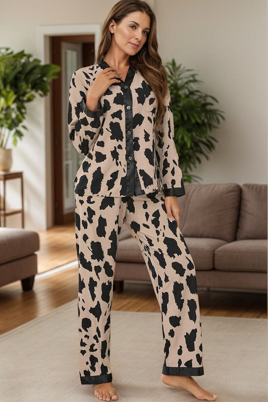 Long Sleeve Top and Pants Animal Print Lounge Set - S to XL