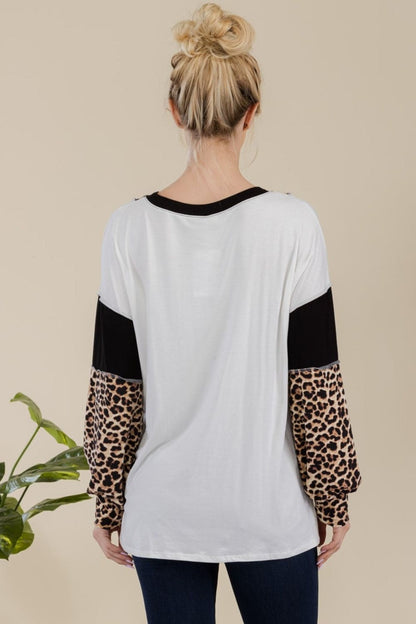 Leopard Color Block Exposed Seam T-Shirt