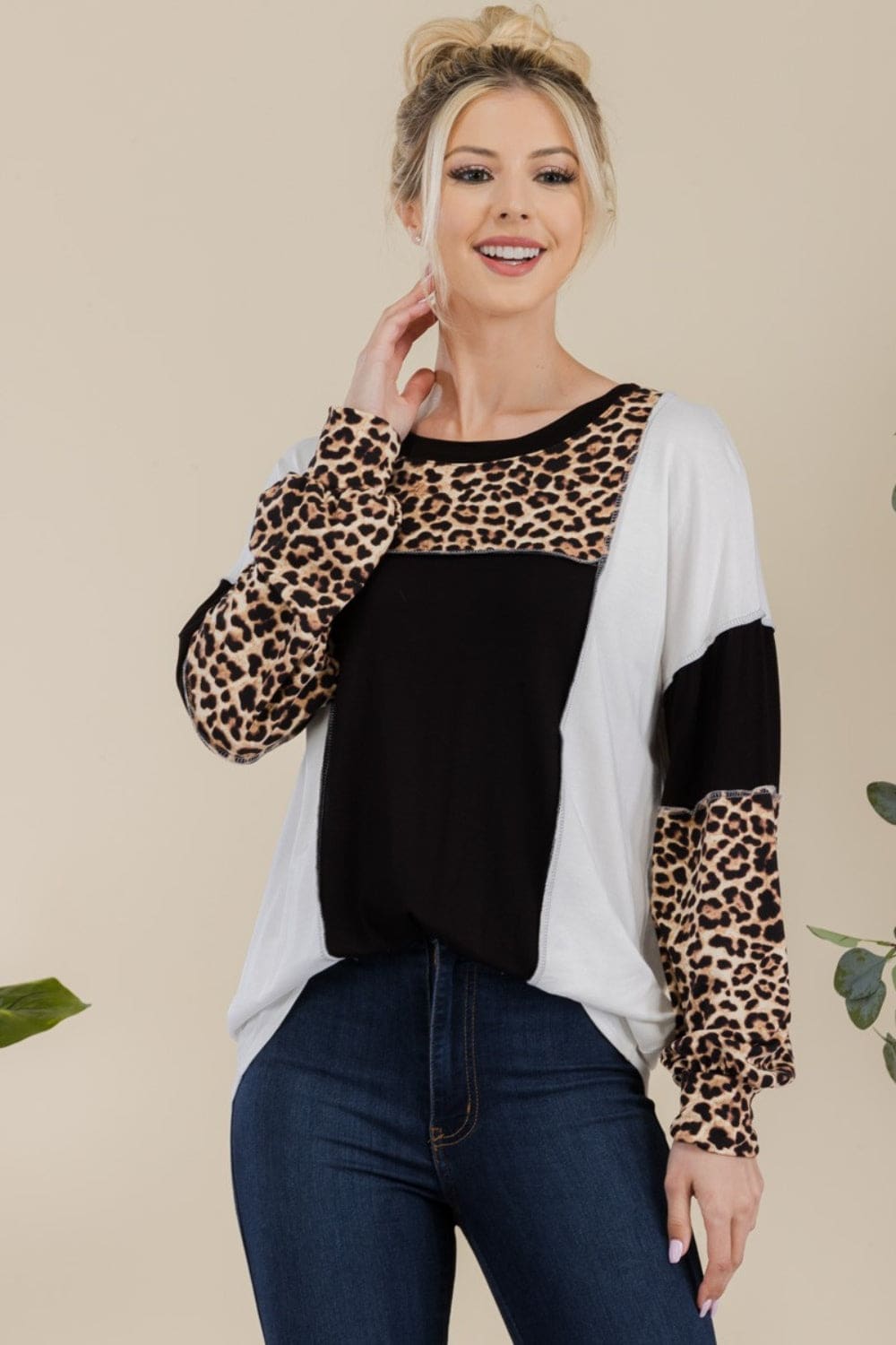 Leopard Color Block Exposed Seam T-Shirt