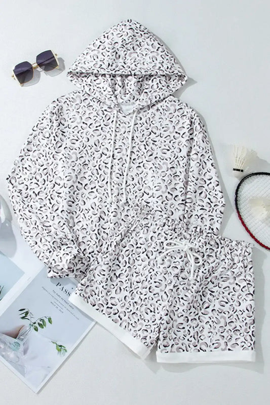 Drawstring Leopard Hooded Top and Shorts Set - S to XL