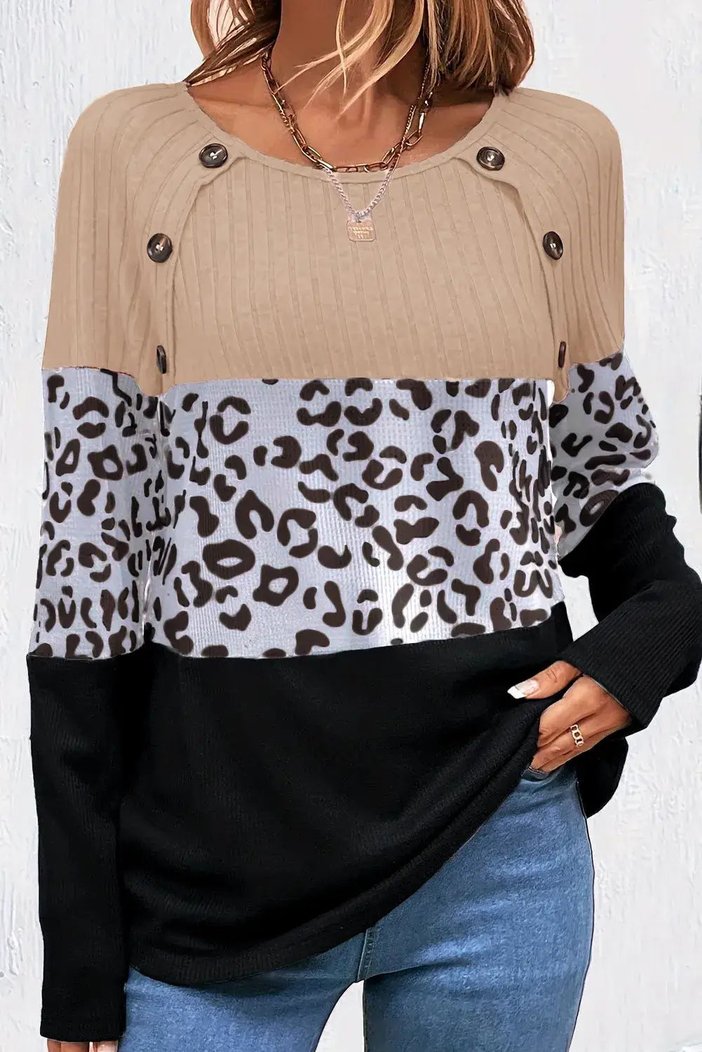 Leopard Color Block Long Sleeve Top - Eclectage