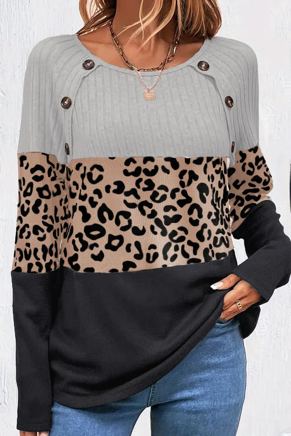 Leopard Color Block Long Sleeve Top - Eclectage